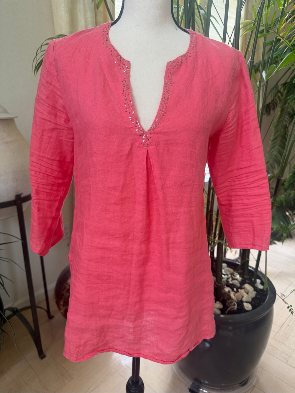 Eileen Fisher Coral-Red Split V-Neck Tunic with Sequin Trim. 100 Irish linen